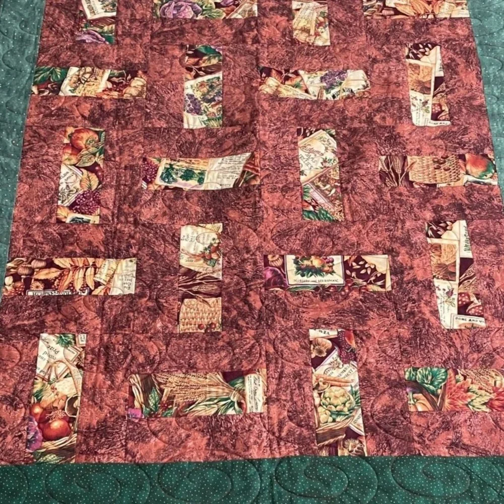 Handmade Harvest Lap Quilt Split Rail Greens & Browns Fall Leaf Berries  43 x 52